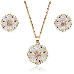 Gold Plated Cubic Zirconia Reflection Flower Pendant Necklace and Stud Earrings Jewelry Set