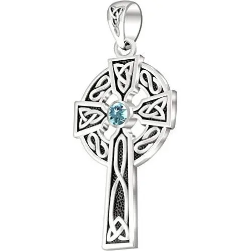 US Jewels Mens 925 Sterling Silver Genuine Aquamarine March Birthstone 1.5in Irish Celtic Knot Cross Pendant