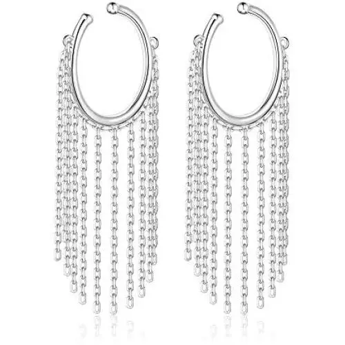 P&N Jewelry Ear Cuffs Earring Clip on Earrings for Non Pierced, Earrings for Women 925 Sterling Silver Cuff with Charming Drop Design