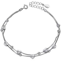 S925 Sterling Silver Jewelry Forever Love Heart Stars Beads Double Chain Bracelet Friendship Adjustable Charm Bracelet Gift for Womens Girls 7+2 inches