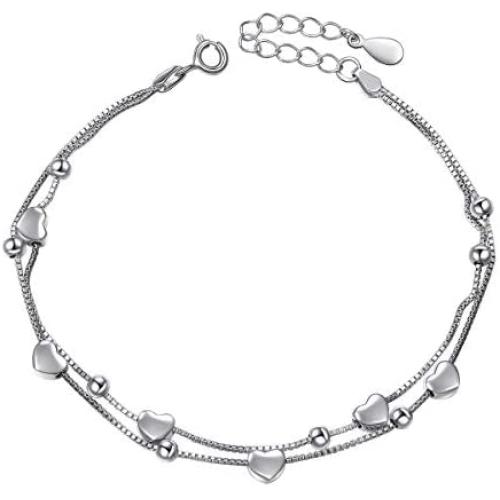 S925 Sterling Silver Jewelry Forever Love Heart Stars Beads Double Chain Bracelet Friendship Adjustable Charm Bracelet Gift for Womens Girls 7+2 inches