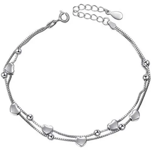 S925 Sterling Silver Jewelry Forever Love Heart Stars Beads Double Chain Bracelet Friendship Adjustable Charm Bracelet Gift for Womens Girls 7+2 inches S925 Sterling Silver Jewelry Forever Love Heart Stars Beads Double Chain Bracelet Friendship Adjustable Charm Bracelet Gift for Womens Girls 7+2 inches