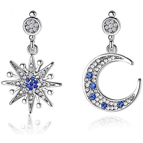 KaFu Gold Moon Star Asymmetrical Drop Earrings Sliver Sun Crystal Dangle Earrings with Rhinestone For Women Girls