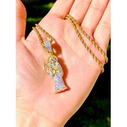 Shop-iGold Iced Santa Muerte Men Women 925 Italy Gold Finish Iced Silver Charm Ice Out Pendant Stainless Steel Real 3 mm Rope Chain, Mans Jewelry, Iced Pendant, Rope Necklace 16''- 24''