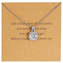 Bamos Solitaire Necklace Cubic Zirconia Necklaces for women, Round-Cut CZ Diamond Necklace Halo Necklace for Women Teen Girls, 14K White Gold Plated 16.5''-18'',Comes with Gift Card in Heart Envelope