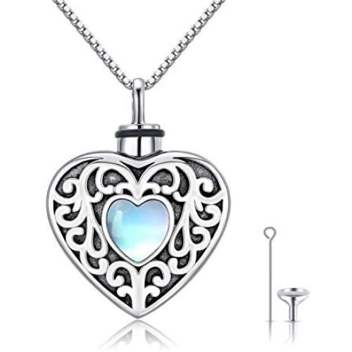 CHENGHONG Personalized Urn Necklaces for Ashes 925 Sterling Silver Moonstone Heart Necklace Pendant Memorial Cremation Jewelry Blue Heart Urn Keepsake Pendants for Women