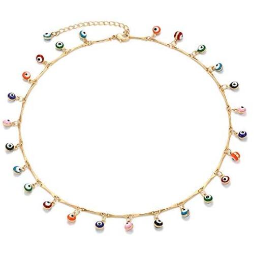 Gold Dainty Evil Eye Choker Necklace,14K Gold Plated Cute Tiny Dangle Disc Evil Eye Minimalist Choker Necklace for Women