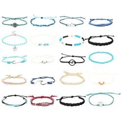 LOYALLOOK 20PCS Beach Wrap Vsco Bracelets Ocean Wave Strand Bracelets Waterproof Handmade Friendship Bracelets Braided Rope Bohemian Anklet Bracelet Adjustable