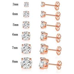 6 Pairs 14K Yellow Gold Plated Round Cut Clear Cubic Zirconia Stud Earring Pack