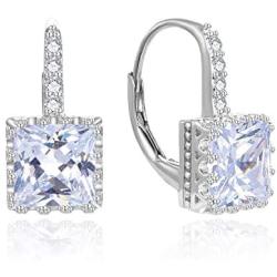 925 Sterling Silver Swarovski Zirconia Princess Cut Leverback Earrings for Women