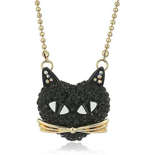 Betsey Johnson ''Skeletons After Dark'' Pave Cat Pendant Necklace, 16'' + 3'' Extender