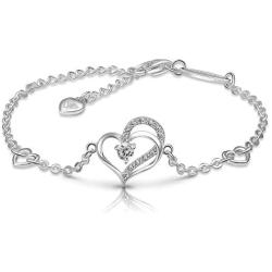 ELEGANZIA Heart Bracelet Sterling Silver for Women, Cubic Zirconia Love Charm Bracelet Eternity Jewelry Anniversary Birthday Valentine for Her