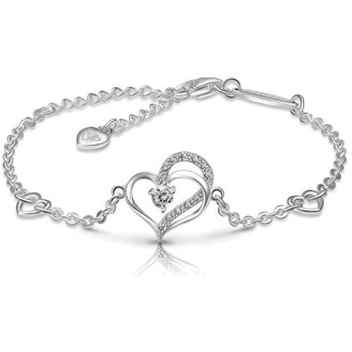 ELEGANZIA Heart Bracelet Sterling Silver for Women, Cubic Zirconia Love Charm Bracelet Eternity Jewelry Anniversary Birthday Valentine for Her