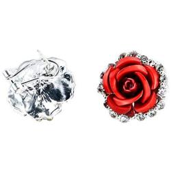 Red Rose Flower Stud Earrings Silver Plated Simulated Coral Rose Crystal Earrings Lovely Simple Floral Charm Stud Earring Fashion Jewelry for Women