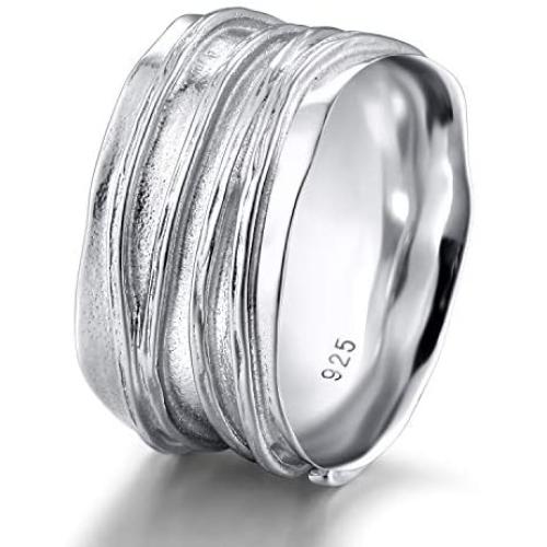 SOMEN TUNGSTEN 10mm Wide Band Ring 925 Sterling Silver Ripple Thumb Ring for Men Women Size 5-12