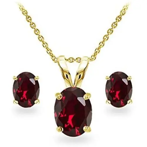 Sterling Silver Genuine, Created or Simulated Gemstone Oval Solitaire Necklace & Stud Earrings Set