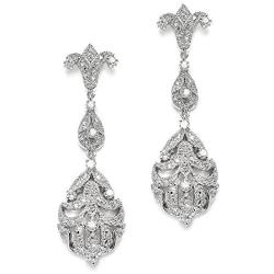 Mariell 1920s CZ Dangle Vintage Wedding Earrings for Brides - Genuine Platinum Plated Antique Jewelry