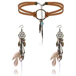 Finrezio Leather Choker Necklace Earring Set for Women Girls Handmade Bohemian Dream Catcher Long Faux Feather Drop Dangle Earrings Retro Necklace Jewelry Set