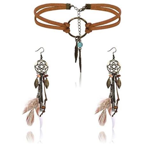 Finrezio Leather Choker Necklace Earring Set for Women Girls Handmade Bohemian Dream Catcher Long Faux Feather Drop Dangle Earrings Retro Necklace Jewelry Set