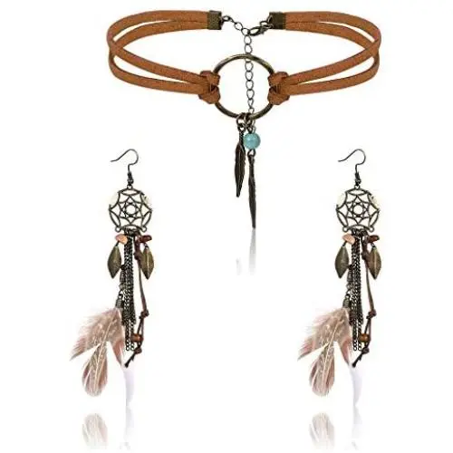 Finrezio Leather Choker Necklace Earring Set for Women Girls Handmade Bohemian Dream Catcher Long Faux Feather Drop Dangle Earrings Retro Necklace Jewelry Set Finrezio Leather Choker Necklace Earring Set for Women Girls Handmade Bohemian Dream Catcher Long Faux Feather Drop Dangle Earrings Retro Necklace Jewelry Set