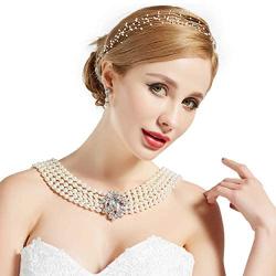 BABEYOND 1920s Gatsby Pearl Necklace Bridal Imitation Pearl Necklace Vintage Wedding Pearl Necklace Jewelry Set with Brooch