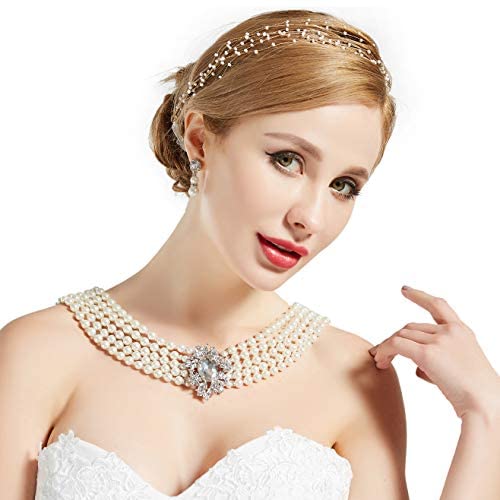 BABEYOND 1920s Gatsby Pearl Necklace Bridal Imitation Pearl Necklace Vintage Wedding Pearl Necklace Jewelry Set with Brooch
