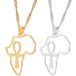 Africa Map Ankh Pendant Necklace - Stainless Steel Ancient Egyptian Coptic Map Choker Necklace Jewelry Gift for Girl and Women