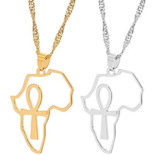 Africa Map Ankh Pendant Necklace - Stainless Steel Ancient Egyptian Coptic Map Choker Necklace Jewelry Gift for Girl and Women