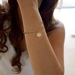 Gold Initial Bracelets for Women, 14K Gold Plated Beaded Bracelets for Women Teen Girls Hexagon Pendant Personalized Gold Layered Paperclip Link Chain Bracelets Initial Bracelet Dainty Initial Jewelry