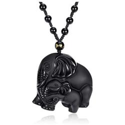 Jovivi Hand Carved Mother Elephant Natural Black Obsidian Necklace Healing Crystal Gemstone Necklaces Pendant Protection Lucky Amulet Charm Adjustable Braided Rope Mothers Day Gifts