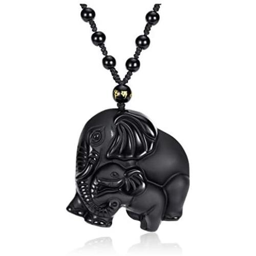 Jovivi Hand Carved Mother Elephant Natural Black Obsidian Necklace Healing Crystal Gemstone Necklaces Pendant Protection Lucky Amulet Charm Adjustable Braided Rope Mothers Day Gifts