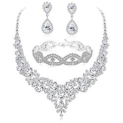 LOLIAS Bridal Austrian Crystal Necklace Link Bracelet Statement Necklace Dangle Earrings Jewelry Set Gifts fit with Wedding Dress