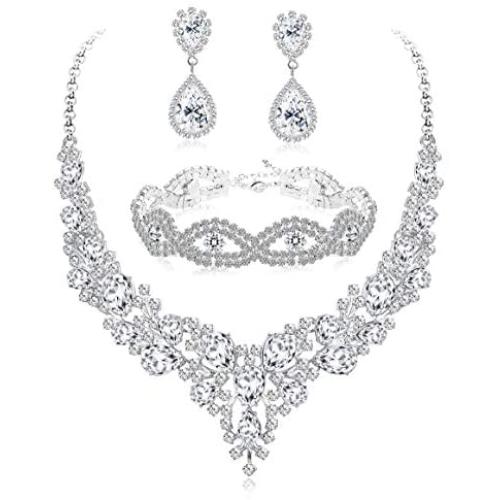 LOLIAS Bridal Austrian Crystal Necklace Link Bracelet Statement Necklace Dangle Earrings Jewelry Set Gifts fit with Wedding Dress