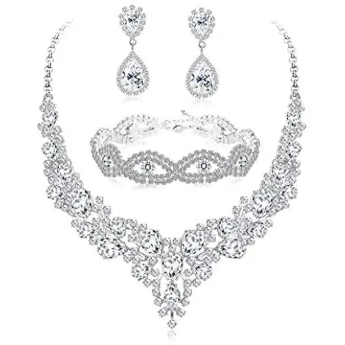 LOLIAS Bridal Austrian Crystal Necklace Link Bracelet Statement Necklace Dangle Earrings Jewelry Set Gifts fit with Wedding Dress LOLIAS Bridal Austrian Crystal Necklace Link Bracelet Statement Necklace Dangle Earrings Jewelry Set Gifts fit with Wedding Dress