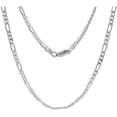 NYC Sterling Unisex 3MM Flat Light Solid Sterling Silver Figaro Chain Necklace, Made in Italy.
