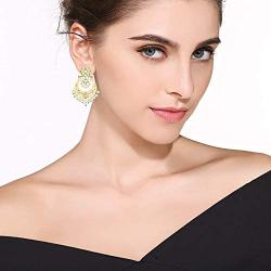 Aheli Indian Handmade Floral Enamel Faux Stone Studded Drop Dangle Earrings with Beaded Tassel Ethnic Wedding Fashion Jewelry for Women