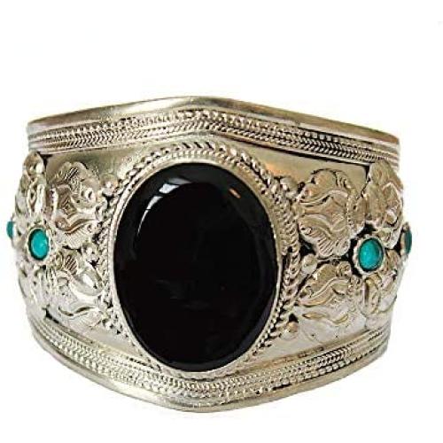 Black Onyx Argentium Plated Silver Adjustable Cuff Bracelet | Boho Jewelry from Nepal