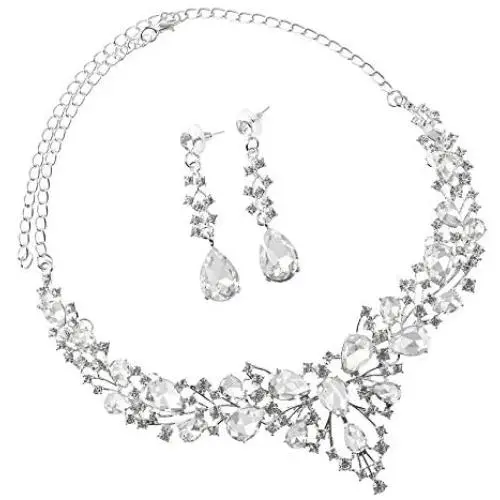 Statement Necklace Earrings Jewelry Set for Women Girls Fashion,Costume with Sparkle Crystal for Wedding Bridal Party Graduation Friends Gifts Night Out Accessories Statement Necklace Earrings Jewelry Set for Women Girls Fashion,Costume with Sparkle Crystal for Wedding Bridal Party Graduation Friends Gifts Night Out Accessories