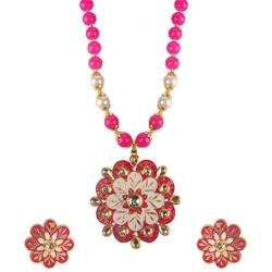 Efulgenz Indian 14 K Gold Plated Pink Faux Pearl Beads Floral Pendant Satement Necklace Earrings Fashion Costume Jewelry Set