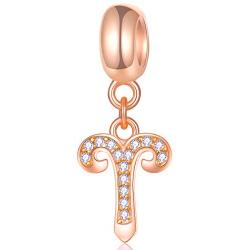 Zodiac Sign Charms fits European Charm Bracelet – Rose Gold 925 Sterling Silver Necklace Pendant, 12 Horoscope Constellation Dangle CZ Birthstone Beads, Birthday Gifts for Women/Men