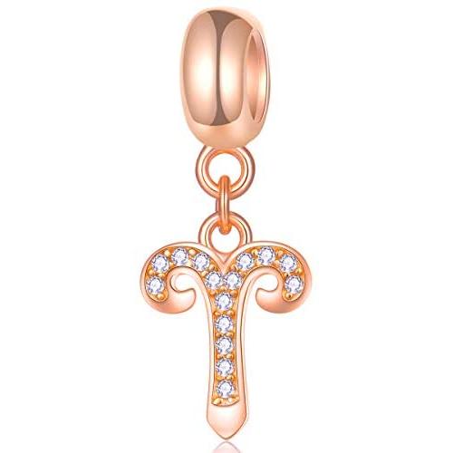 Zodiac Sign Charms fits European Charm Bracelet – Rose Gold 925 Sterling Silver Necklace Pendant, 12 Horoscope Constellation Dangle CZ Birthstone Beads, Birthday Gifts for Women/Men