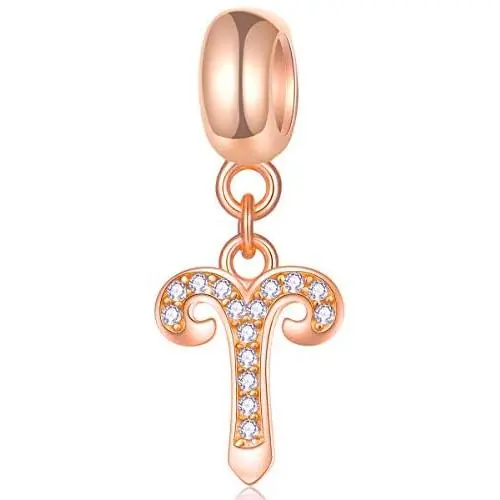 Zodiac Sign Charms fits European Charm Bracelet – Rose Gold 925 Sterling Silver Necklace Pendant, 12 Horoscope Constellation Dangle CZ Birthstone Beads, Birthday Gifts for Women/Men