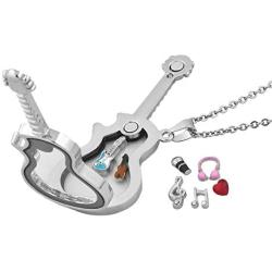 Q&Locket Love Music Rock &Roll Floating Charms in Living Memory Glass Guitar Locket Pendant Necklace