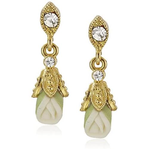 Downton Abbey Carded Gold-Tone Closed White Porcelain Rose Drop Earrings