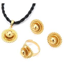 Necklace Pendants Earrings Ring Set Gold Filled Plated Jewelry African Ethiopia Flower Jewelry Set