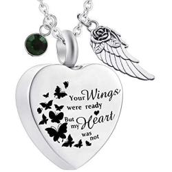 Heart Urn Necklace for Ashes Memorial Cremation Jewelry for Ashes Charm Angel Wing with 12 Birthstone -Your Wings were Ready My Heart was Not