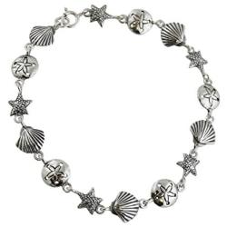Sterling Silver Beach Bracelet, 7.5'' Length, Sand Dollar Starfish Seashell Pattern