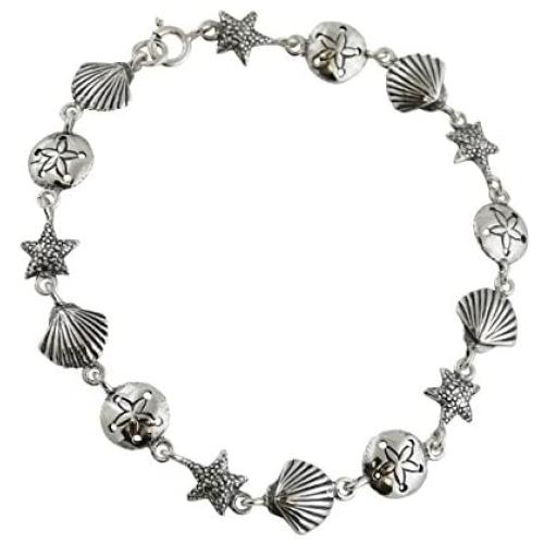 Sterling Silver Beach Bracelet, 7.5'' Length, Sand Dollar Starfish Seashell Pattern