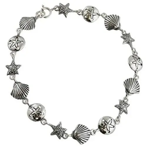 Sterling Silver Beach Bracelet, 7.5'' Length, Sand Dollar Starfish Seashell Pattern