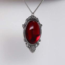 Blood Red Cabochon in Silver Finish Pewter Frame Pendant Necklace